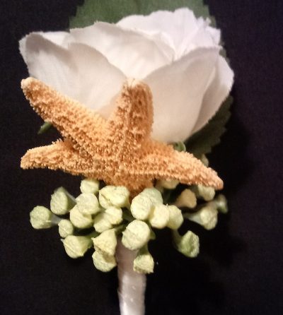 White Silk Rose Boutonniere with Star Fish
