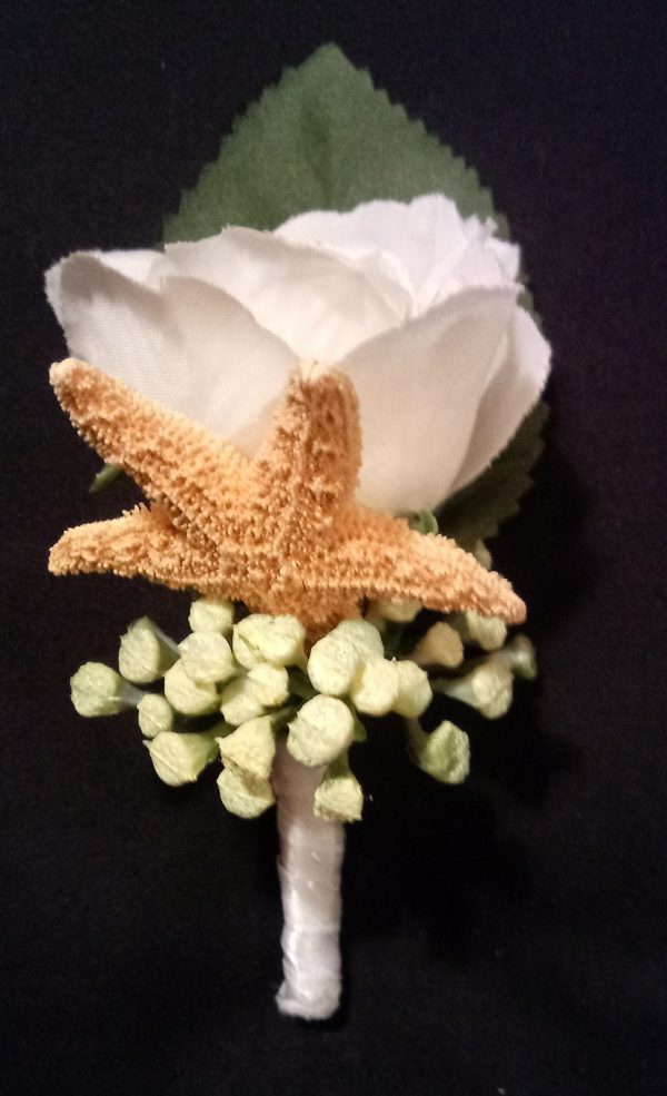 White Silk Rose Boutonniere with Star Fish