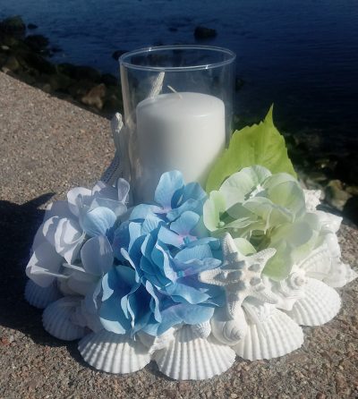 White Shell Wreath with Silk Flowers and Candle