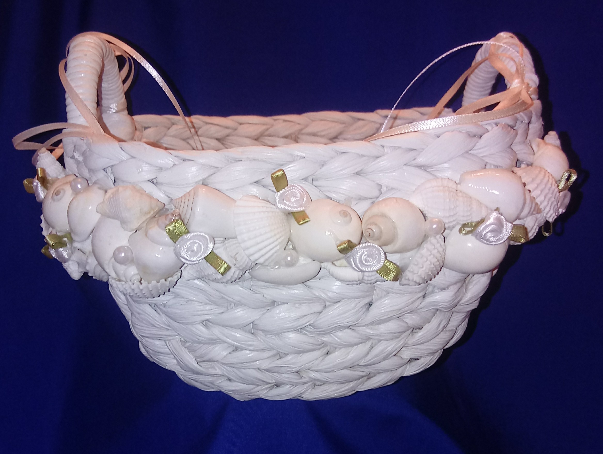 White Wicker Flower Girl Basket With Shells