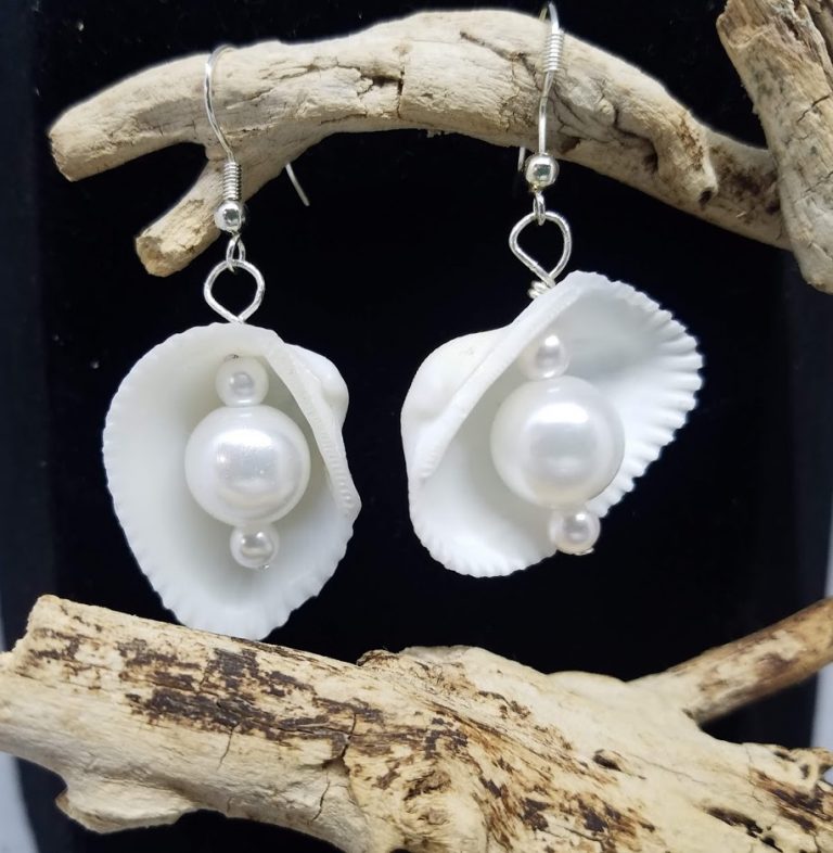 White Shell and Pearl Earrings with Silver Wire