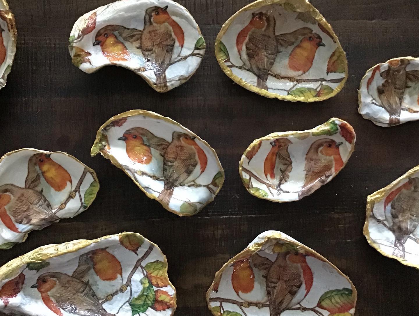 decoupaged oyster and clam shells