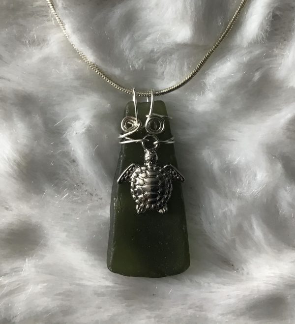 Dark Green Seaglass Pendant adorned with Sea Turtle on a 16” Silver Plated chain
